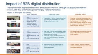 ?;.20-)(<)@A@)3%4%-25)3%,-$%6/-%(7
The store owners appreciate the better discounts of VinShop. Although it is digital procurement
process, still they prefer sales personnel pay visits to them often.
Store A
Store B
Store C
• HCM
• Years of experiences:
More than 10 years
• Monthy revenues:
400M VND (good
students demands)
• Food / Non-food: 70:30
• HCM
• Years of experiences: 4
years
• Monthy revenues: 25M
VND
• Food / Non-food: 80:20
• HCM
• Years of experiences: 3
years
• Monthy revenues: 50M
VND
• Food / Non-food: 70:30
• Happy with a variety of promotions that
give them the options buy the same
things at the lower pricing
Who they are Wish list items
• Now that their shops are big and many
suppliers visit, they feel unsatisfied with
the lack of visit from VinShop
• Also, some supplies deliver the goods
in hours, and VinShop delivery speed
does not looks attractive.
Satisifed items
• Her shop is not big and have less sales
personnel visit. Thus, VinShop helps to
ease the order process
• Generally happy with the service as it
has many promotions and delivery is
convenient
• She wishes that VinShop staff visit her
shop as the sales personnel of the
other suppliers
• VinShop gives the opportunities to
procure the items cheaper than the
trditional suppliers
• Overall satisfied, although she also
wishes that she could have more visits
from sales personnel.
Impact of B2B digital app owners
 
