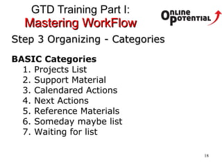 GTD Training Part I:  Mastering WorkFlow Step 3 Organizing - Categories BASIC Categories 1. Projects List 2. Support Material 3. Calendared Actions 4. Next Actions 5. Reference Materials 6. Someday maybe list 7. Waiting for list 
