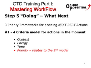 GTD Training Part I:  Mastering WorkFlow Step 5 “Doing” – What Next 3 Priority Frameworks for deciding  NEXT BEST  Actions #1 - 4 Criteria model for actions in the moment Context Energy Time Priority – relates to the 2 nd  model 