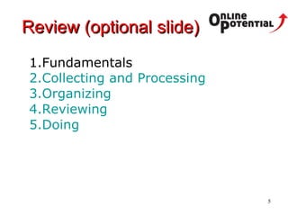 Review (optional slide) Fundamentals Collecting and Processing Organizing Reviewing Doing 