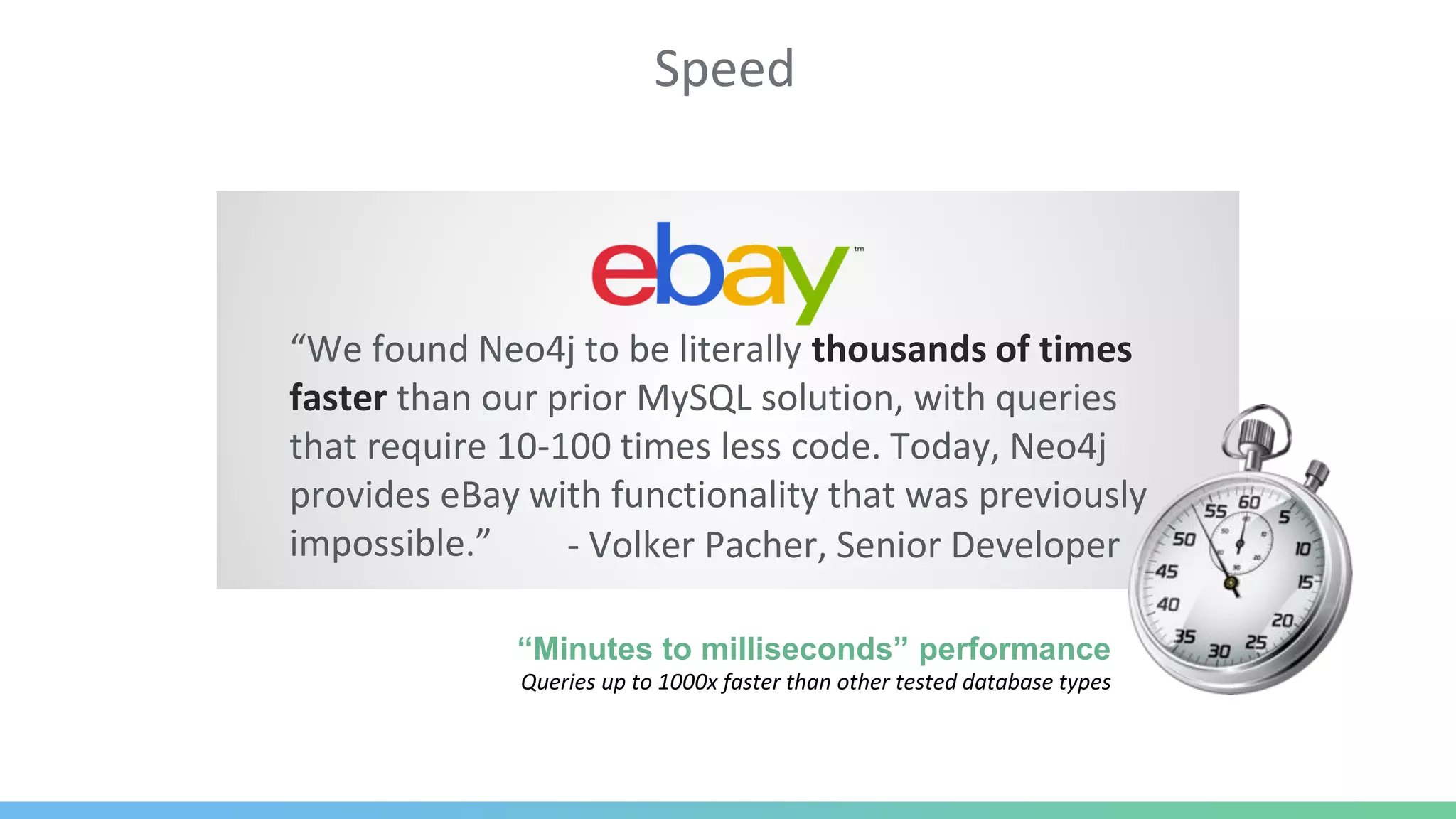 “We found Neo4j to be literally thousands of times
faster than our prior MySQL solution, with queries
that require 10-100 times less code. Today, Neo4j
provides eBay with functionality that was previously
impossible.” - Volker Pacher, Senior Developer
“Minutes to milliseconds” performance
Queries up to 1000x faster than other tested database types
Speed
 
