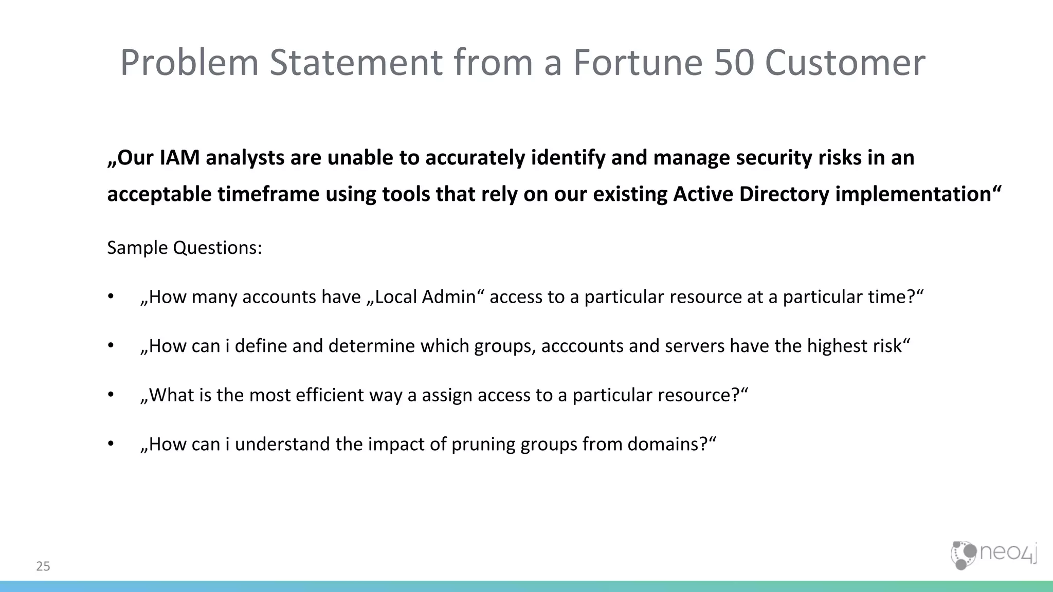 25
Problem Statement from a Fortune 50 Customer
„Our IAM analysts are unable to accurately identify and manage security risks in an
acceptable timeframe using tools that rely on our existing Active Directory implementation“
Sample Questions:
• „How many accounts have „Local Admin“ access to a particular resource at a particular time?“
• „How can i define and determine which groups, acccounts and servers have the highest risk“
• „What is the most efficient way a assign access to a particular resource?“
• „How can i understand the impact of pruning groups from domains?“
 