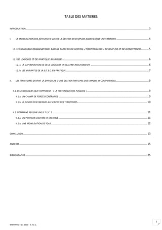 TABLE DES MATIERES


INTRODUCTION.................................................................................................................................................................... 3



I.       LA MOBILISATION DES ACTEURS EN VUE DE LA GESTION DES EMPLOIS ANCRES DANS UN TERRITOIRE ........................................... 4



      I.1. LE PANACHAGE ORGANISATIONEL DANS LE CADRE D’UNE GESTION « TERRITORIALISEE » DES EMPLOIS ET DES COMPETENCES.......... 5



      I.2. DES LOGIQUES ET DES PRATIQUES PLURIELLES .................................................................................................................. 6

         I.2. a. LA SUPERPOSITION DE DEUX LOGIQUES EN QUATRES MOUVEMENTS ............................................................................. 6

         I.2. b. LES VARIANTES DE LA G.T.E.C. EN PRATIQUE .............................................................................................................. 7



II.      LES TERRITOIRES DEVANT LA DIFFICULTE D’UNE GESTION ANTICIPEE DES EMPLOIS et COMPETENCES............................................ 9



      II.1. DEUX LOGIQUES QUI S’OPPOSENT : « LA TECTONIQUE DES PLAQUES » .................................................................................. 9

         II.1.a. UN CHAMP DE FORCES CONTRAIRES ........................................................................................................................ 9

         II.1.b. LA FUSION DES ENERGIES AU SERVICE DES TERRITOIRES ............................................................................................. 10



      II.2. COMMENT REUSSIR UNE G.T.E.C. ? .............................................................................................................................. 11

         II.2.a. UN PORTEUR LEGITIME ET CREDIBLE ...................................................................................................................... 11

         II.2.b. UNE MOBILISATION DE TOUS................................................................................................................................ 12



CONCLUSION ..................................................................................................................................................................... 13



ANNEXES .......................................................................................................................................................................... 15



BIBLIOGRAPHIE .................................................................................................................................................................. 25




                                                                                                                                                                                        2
M2 RH RSE - CS 2010 - G.T.E.C.
 