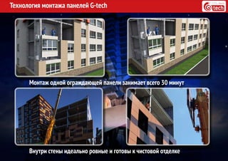 Технология монтажа панелей G-tech
Монтаж одной ограждающей панели занимает всего 30 минут
Внутри стены идеально ровные и готовы к чистовой отделке
 