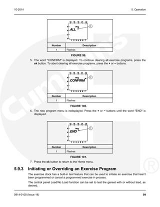 10-2014 5. Operation
Number Description
1 Flashes
FIGURE 99.
5. The word "CONFIRM" is displayed. To continue clearing all exercise programs, press the
ok button. To abort clearing all exercise programs, press the + or − buttons.
Number Description
1 Flashes
FIGURE 100.
6. The new program menu is redisplayed. Press the + or − buttons until the word "END" is
displayed.
Number Description
1 Flashes
FIGURE 101.
7. Press the ok button to return to the Home menu.
5.9.3 Initiating or Overriding an Exercise Program
The exercise clock has a built-in test feature that can be used to initiate an exercise that hasn't
been programmed or cancel a programmed exercise in process.
The control panel Load/No Load function can be set to test the genset with or without load, as
desired.
0914-0100 (Issue 16) 99
 
