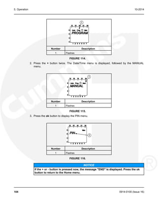 5. Operation 10-2014
Number Description
1 Flashes
FIGURE 114.
2. Press the + button twice. The Date/Time menu is displayed, followed by the MANUAL
menu.
Number Description
1 Flashes
FIGURE 115.
3. Press the ok button to display the PIN menu.
Number Description
1 Flashes
FIGURE 116.
NOTICE
If the + or - button is pressed now, the message "END" is displayed. Press the ok
button to return to the Home menu.
104 0914-0100 (Issue 16)
 