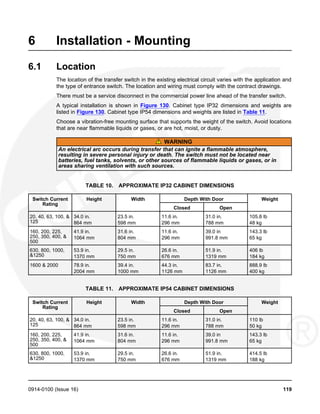 6 Installation - Mounting
6.1 Location
The location of the transfer switch in the existing electrical circuit varies with the application and
the type of entrance switch. The location and wiring must comply with the contract drawings.
There must be a service disconnect in the commercial power line ahead of the transfer switch.
A typical installation is shown in Figure 130. Cabinet type IP32 dimensions and weights are
listed in Figure 130. Cabinet type IP54 dimensions and weights are listed in Table 11.
Choose a vibration-free mounting surface that supports the weight of the switch. Avoid locations
that are near flammable liquids or gases, or are hot, moist, or dusty.
WARNING
An electrical arc occurs during transfer that can ignite a flammable atmosphere,
resulting in severe personal injury or death. The switch must not be located near
batteries, fuel tanks, solvents, or other sources of flammable liquids or gases, or in
areas sharing ventilation with such sources.
TABLE 10. APPROXIMATE IP32 CABINET DIMENSIONS
Switch Current Height Width Depth With Door Weight
Rating
Closed Open
20, 40, 63, 100, & 34.0 in. 23.5 in. 11.6 in. 31.0 in. 105.8 lb
125 864 mm 598 mm 296 mm 788 mm 48 kg
160, 200, 225, 41.9 in. 31.6 in. 11.6 in. 39.0 in 143.3 lb
250, 350, 400, & 1064 mm 804 mm 296 mm 991.8 mm 65 kg
500
630, 800, 1000, 53.9 in. 29.5 in. 26.6 in. 51.9 in. 406 lb
&1250 1370 mm 750 mm 676 mm 1319 mm 184 kg
1600 & 2000 78.9 in. 39.4 in. 44.3 in. 83.7 in. 888.9 lb
2004 mm 1000 mm 1126 mm 1126 mm 400 kg
TABLE 11. APPROXIMATE IP54 CABINET DIMENSIONS
Switch Current Height Width Depth With Door Weight
Rating
Closed Open
20, 40, 63, 100, & 34.0 in. 23.5 in. 11.6 in. 31.0 in. 110 lb
125 864 mm 598 mm 296 mm 788 mm 50 kg
160, 200, 225, 41.9 in. 31.6 in. 11.6 in. 39.0 in 143.3 lb
250, 350, 400, & 1064 mm 804 mm 296 mm 991.8 mm 65 kg
500
630, 800, 1000, 53.9 in. 29.5 in. 26.6 in. 51.9 in. 414.5 lb
&1250 1370 mm 750 mm 676 mm 1319 mm 188 kg
0914-0100 (Issue 16) 119
 