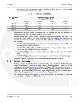 10-2014 7. Installation - Wiring
• Use Column D for connections to TB1-1 (GND) and TB1-3 (B+) if a 10 Amp battery
charger is installed in the transfer switch.
TABLE 13. WIRE SPECIFICATIONS
Wire Size (AWG) Distance in Meters, One Way
[mm2
] (Multiply by 3.3 for Feet)
Column A Column B Column C Column D
16 [1.5] 305 130 38 8
14 [2.5] 488 206 61 12
12 [4.0] 732 329 91 18
10 [6.0] 1219 523 152 31
Wire resistance must not exceed 0.5 ohm per line. Use stranded wire only. For connection to
the screw terminal, strip the insulation back 3/8 inch (10 mm).
Remote starting (for Cummins Power Generation water-cooled generator sets only) uses
terminals B+, GND (ground), and RMT of terminal block TB1, Figure 138. Connect these
terminals to like terminals on the generator set. Refer to Interconnect Wiring diagram shipped
with the switch.
• For PCC 3100 and PCC 2100 generator set controls, install a jumper between TB1-1 and
TB1-2 for ground-to-start connection.
• For PCC 1301, 1302, 2300, and 3300 generator set controls, install a jumper between
TB1-10 and TB1-11 for ground-to-start connection.
• For Detector 12 generator set controls, install a jumper between TB1-2 and TB1-3 for B+
start.
• For PCC 3200 generator set controls requiring a dry contact start, do not install a jumper.
Be sure to check the Interconnect Wiring diagram shipped with the transfer switch.
7.1.1.2 Auxiliary Contacts
Auxiliary contacts, for external alarm or control circuitry, are available for the Normal (utility
power) and Emergency (generator set power) sides of the transfer switch. Connections for the
auxiliary contacts can be made on terminal block TB1, Figure 139. The contacts have ratings of
5 amperes at 250 VAC. Figure 139 shows the normally open and normally closed positions of
the auxiliary contacts with the transfer switch in the neutral position. Moving the transfer switch
to Normal or Emergency actuates the corresponding auxiliary contacts.
Use number 22 (0.4 mm2
) to number 12 AWG (4 mm2
) wire. For connection to the screw
terminal, strip the insulation back 3/8 inch (10 mm).
0914-0100 (Issue 16) 133
 