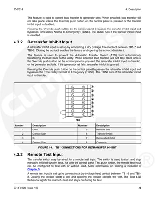 10-2014 4. Description
This feature is used to control load transfer to generator sets. When enabled, load transfer will
not take place unless the Override push button on the control panel is pressed or the transfer
inhibit input is disabled.
Pressing the Override push button on the control panel bypasses the transfer inhibit input and
bypasses Time Delay Normal to Emergency (TDNE). The TDNE runs if the transfer inhibit input
is disabled.
4.3.2 Retransfer Inhibit Input
A retransfer inhibit input is set up by connecting a dry (voltage free) contact between TB1-7 and
TB1-8. Closing the contact enables the feature and opening the contact disables it.
This feature is used to prevent the Automatic Transfer Switch (ATS) from automatically
transferring the load back to the utility. When enabled, load transfer will not take place unless
the Override push button on the control panel is pressed, the retransfer inhibit input is disabled,
or the generator set fails. If the generator set fails, retransfer inhibit is ignored.
Pressing the Override push button on the control panel bypasses the retransfer inhibit input and
bypasses the Time Delay Normal to Emergency (TDNE). The TDNE runs if the retransfer inhibit
input is disabled.
Number Description Number Description
1 GND 5 Remote Test
2 Genset Start 6 Transfer Inhibit
3 B+ 7 Retransfer Inhibit
4 Genset Start 8 Common
FIGURE 14. TB1 CONNECTIONS FOR RETRANSFER INHIBIT
4.3.3 Remote Test Input
The transfer switch may be wired for a remote test input. The switch is used to start and stop
manually initiated system tests. As with the control panel Test push button, the remote test input
can be configured to test with or without load. More information on testing is included in
Chapter 5.
A remote test input is set up by connecting a dry (voltage free) contact between TB1-5 and TB1-
8. Closing the contact starts a test and opening the contact cancels the test. The Test LED
flashes to signify the start of a test and stays on during the test.
0914-0100 (Issue 16) 25
 