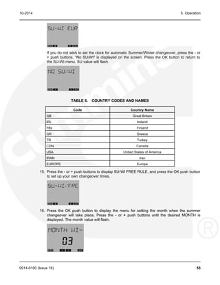 10-2014 5. Operation
If you do not wish to set the clock for automatic Summer/Winter changeover, press the - or
+ push buttons. "No SU/WI" is displayed on the screen. Press the OK button to return to
the SU-WI menu. SU value will flash.
TABLE 6. COUNTRY CODES AND NAMES
Code Country Name
GB Great Britain
IRL Ireland
FIN Finland
GR Greece
TR Turkey
CDN Canada
USA United States of America
IRAN Iran
EUROPE Europe
15. Press the - or + push buttons to display SU-WI FREE RULE, and press the OK push button
to set up your own changeover times.
16. Press the OK push button to display the menu for setting the month when the summer
changeover will take place. Press the - or + push buttons until the desired MONTH is
displayed. The month value will flash.
0914-0100 (Issue 16) 55
 