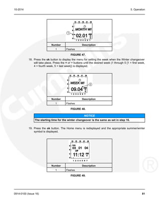 10-2014 5. Operation
Number Description
1 Flashes
FIGURE 47.
18. Press the ok button to display the menu for setting the week when the Winter changeover
will take place. Press the + or − buttons until the desired week (1 through 5 [1 = first week,
4 = fourth week, 5 = last week]) is displayed.
Number Description
1 Flashes
FIGURE 48.
NOTICE
The starting time for the winter changeover is the same as set in step 16.
19. Press the ok button. The Home menu is redisplayed and the appropriate summer/winter
symbol is displayed.
Number Description
1 Flashes
FIGURE 49.
0914-0100 (Issue 16) 81
 