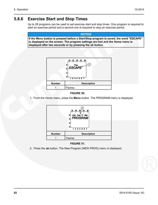 5. Operation 10-2014
5.8.6 Exercise Start and Stop Times
Up to 28 programs can be used to set exercise start and stop times. One program is required to
start an exercise period and a second one is required to stop an exercise period.
NOTICE
If the Menu button is pressed before a Start/Stop program is saved, the word "ESCAPE"
is displayed on the screen. The program settings are lost and the Home menu is
displayed after two seconds or by pressing the ok button.
Number Description
1 Flashes
FIGURE 50.
1. From the Home menu, press the Menu button. The PROGRAM menu is displayed.
Number Description
1 Flashes
FIGURE 51.
2. Press the ok button. The New Program (NEW PROG) menu is displayed.
82 0914-0100 (Issue 16)
 
