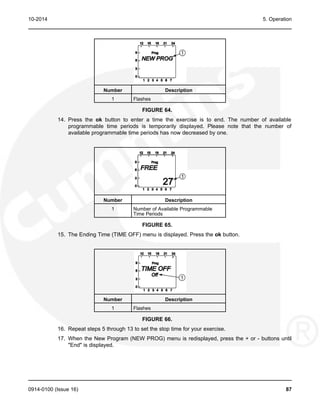 10-2014 5. Operation
Number Description
1 Flashes
FIGURE 64.
14. Press the ok button to enter a time the exercise is to end. The number of available
programmable time periods is temporarily displayed. Please note that the number of
available programmable time periods has now decreased by one.
Number Description
1 Number of Available Programmable
Time Periods
FIGURE 65.
15. The Ending Time (TIME OFF) menu is displayed. Press the ok button.
Number Description
1 Flashes
FIGURE 66.
16. Repeat steps 5 through 13 to set the stop time for your exercise.
17. When the New Program (NEW PROG) menu is redisplayed, press the + or - buttons until
"End" is displayed.
0914-0100 (Issue 16) 87
 