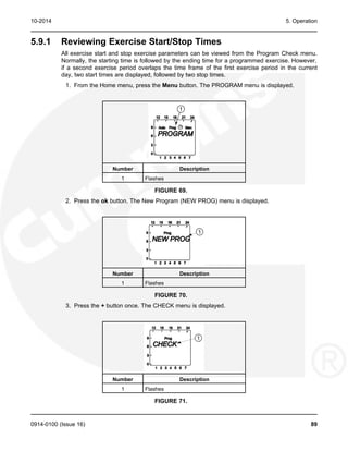 10-2014 5. Operation
5.9.1 Reviewing Exercise Start/Stop Times
All exercise start and stop exercise parameters can be viewed from the Program Check menu.
Normally, the starting time is followed by the ending time for a programmed exercise. However,
if a second exercise period overlaps the time frame of the first exercise period in the current
day, two start times are displayed, followed by two stop times.
1. From the Home menu, press the Menu button. The PROGRAM menu is displayed.
Number Description
1 Flashes
FIGURE 69.
2. Press the ok button. The New Program (NEW PROG) menu is displayed.
Number Description
1 Flashes
FIGURE 70.
3. Press the + button once. The CHECK menu is displayed.
Number Description
1 Flashes
FIGURE 71.
0914-0100 (Issue 16) 89
 