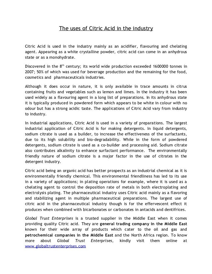 The uses of Citric Acid in the industry