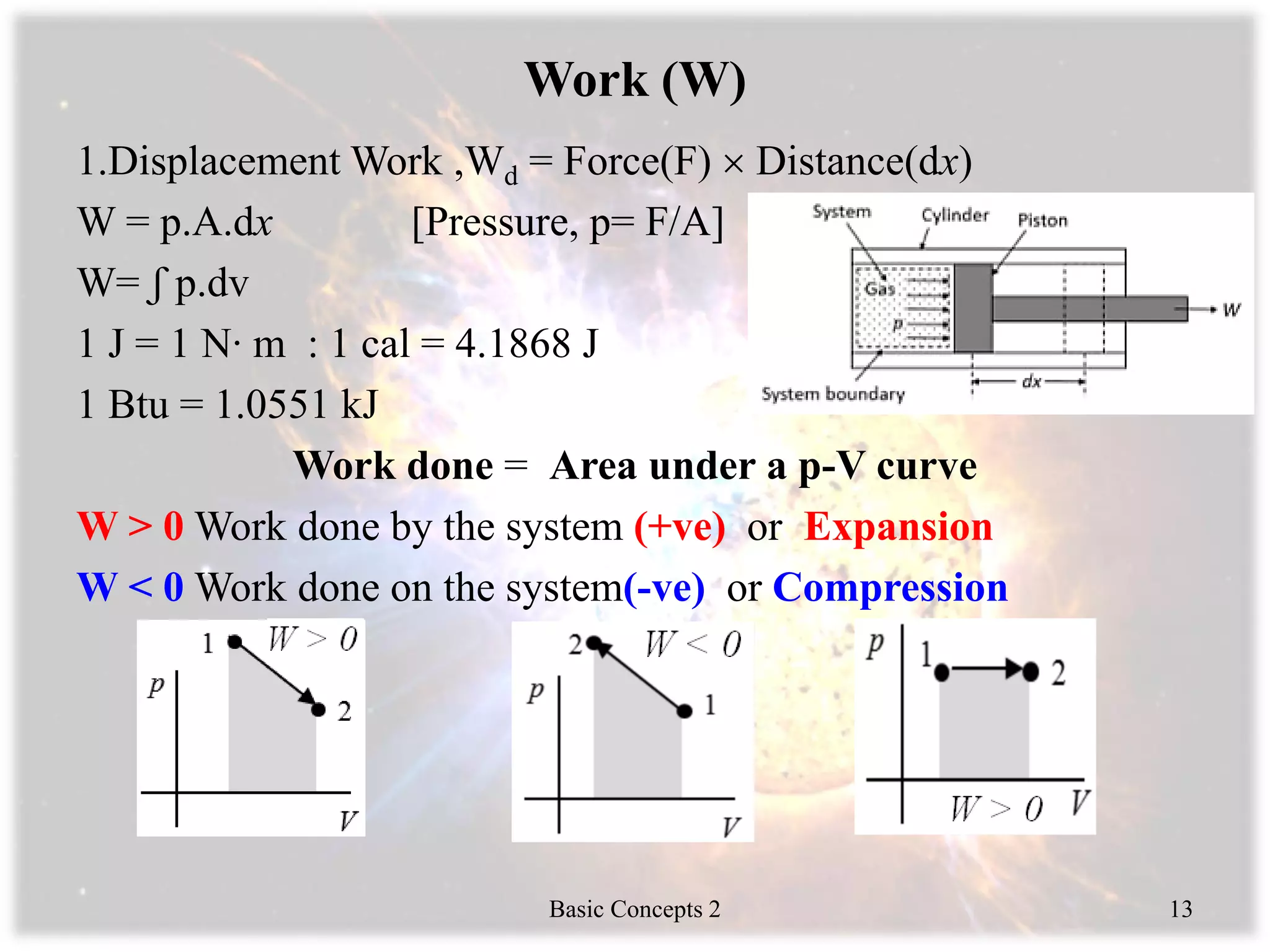 Work (W)
1.Displacement Work ,Wd = Force(F)  Distance(dx)
W = p.A.dx [Pressure, p= F/A]
W= ʃ p.dv
1 J = 1 N∙ m : 1 cal = 4.1868 J
1 Btu = 1.0551 kJ
Work done = Area under a p-V curve
W > 0 Work done by the system (+ve) or Expansion
W < 0 Work done on the system(-ve) or Compression
Basic Concepts 2 13
 