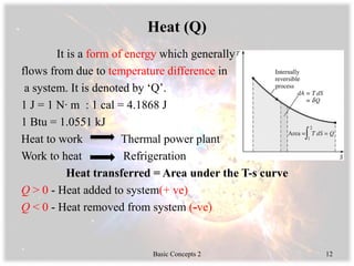 Heat (Q)
It is a form of energy which generally
flows from due to temperature difference in
a system. It is denoted by ‘Q’.
1 J = 1 N∙ m : 1 cal = 4.1868 J
1 Btu = 1.0551 kJ
Heat to work Thermal power plant
Work to heat Refrigeration
Heat transferred = Area under the T-s curve
Q > 0 - Heat added to system(+ ve)
Q < 0 - Heat removed from system (-ve)
Basic Concepts 2 12
 