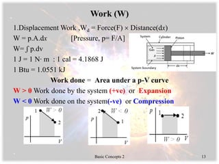 Work (W)
1.Displacement Work ,Wd = Force(F)  Distance(dx)
W = p.A.dx [Pressure, p= F/A]
W= ʃ p.dv
1 J = 1 N∙ m : 1 cal = 4.1868 J
1 Btu = 1.0551 kJ
Work done = Area under a p-V curve
W > 0 Work done by the system (+ve) or Expansion
W < 0 Work done on the system(-ve) or Compression
Basic Concepts 2 13
 