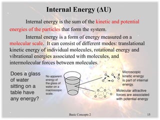 Internal Energy (ΔU)
Internal energy is the sum of the kinetic and potential
energies of the particles that form the system.
Internal energy is a form of energy measured on a
molecular scale. It can consist of different modes: translational
kinetic energy of individual molecules, rotational energy and
vibrational energies associated with molecules, and
intermolecular forces between molecules.
Basic Concepts 2 15
 