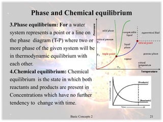 Phase and Chemical equilibrium
3.Phase equilibrium: For a water
system represents a point or a line on
the phase diagram (T-P) where two or
more phase of the given system will be
in thermodynamic equilibrium with
each other.
4.Chemical equilibrium: Chemical
equilibrium is the state in which both
reactants and products are present in
Concentrations which have no further
tendency to change with time.
Basic Concepts 2 21
 
