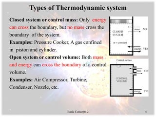 Types of Thermodynamic system
Closed system or control mass: Only energy
can cross the boundary, but no mass cross the
boundary of the system.
Examples: Pressure Cooker, A gas confined
in piston and cylinder.
Open system or control volume: Both mass
and energy can cross the boundary of a control
volume.
Examples: Air Compressor, Turbine,
Condenser, Nozzle, etc.
Basic Concepts 2 4
 