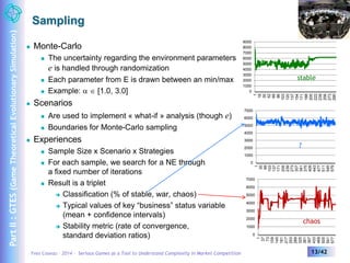 Sampling 
 Monte-Carlo 
 The uncertainty regarding the environment parameters 
e is handled through randomization 
 Each parameter from E is drawn between an min/max 
 Example: a  [1.0, 3.0] 
 Scenarios 
 Are used to implement « what-if » analysis (though e) 
 Boundaries for Monte-Carlo sampling 
 Experiences 
 Sample Size x Scenario x Strategies 
 For each sample, we search for a NE through 
a fixed number of iterations 
 Result is a triplet 
 Classification (% of stable, war, chaos) 
 Typical values of key “business” status variable 
(mean + confidence intervals) 
 Stability metric (rate of convergence, 
9000 
8000 
7000 
6000 
5000 
4000 
3000 
2000 
1000 
0 
1 
18 
35 
52 
69 
86 
103 
120 
137 
154 
171 
188 
205 
222 
239 
256 
273 
290 
7000 
6000 
5000 
4000 
3000 
2000 
1000 
0 
1 
35 
69 
103 
137 
171 
205 
239 
273 
307 
341 
375 
409 
443 
477 
511 
545 
579 
7000 
6000 
5000 
4000 
3000 
2000 
1000 
standard deviation ratios) 0 
1 
37 
73 
109 
145 
181 
217 
253 
289 
325 
361 
397 
433 
469 
505 
541 
577 
Yves Caseau – 2014 – Serious Games as a Tool to Understand Complexity in Market Competition 13/42 
Part II : GTES (Game Theoretical Evolutionary Simulation) 
stable 
chaos 
? 
 