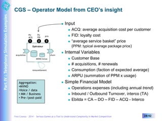CGS – Operator Model from CEO’s insight 
 Input 
 ACQ: average acquisition cost per customer 
 FID: loyalty cost 
 “average service basket” price 
(PPM: typical average package price) 
 Internal Variables 
 Customer Base 
 # acquisitions, # renewals 
 Consumption (faction of expected average) 
 ARPU (summation of PPM x usage) 
 Simple Financial Model 
 Operations expenses (including annual trend) 
 Inbound / Outbound Turnover, interco (TA) 
 Ebitda = CA – DO – FID – ACQ - Interco 
PU 
ACQ 
PU 
FID 
2 
Opérateur 
prix 
3 
MVNO inclus 
renouvellement 
1 
acquisition 
churn 
Aggregation: 
•MVNO 
•Voice / data 
• MM / Business 
• Pre-/post-paid 
Yves Caseau – 2014 – Serious Games as a Tool to Understand Complexity in Market Competition 28/42 
Part IV : Telephony Simulation Examples 
 