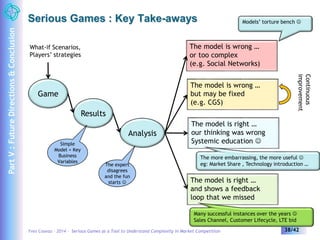 Serious Games : Key Take-aways 
What-if Scenarios, 
Players’ strategies 
Results 
Game 
Analysis 
Models’ torture bench  
The model is wrong … 
or too complex 
(e.g. Social Networks) 
The model is wrong … 
but may be fixed 
(e.g. CGS) 
The model is right … 
our thinking was wrong 
Systemic education  
Continuous 
improvement 
The more embarrassing, the more useful  
eg: Market Share , Technology introduction … 
The model is right … 
and shows a feedback 
loop that we missed 
Many successful instances over the years  
Sales Channel, Customer Lifecycle, LTE bid 
The expert 
disagrees 
and the fun 
starts  
Simple 
Model + Key 
Business 
Variables 
Yves Caseau – 2014 – Serious Games as a Tool to Understand Complexity in Market Competition 38/42 
Part V : Future Directions & Conclusion 
 