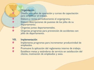 Organización Diseña manuales de operación y cursos de capacitación para simplificar el trabajo. Elabora y revisa periódicamente el organigrama. Elabora descripciones de puestos de los jefes de su departamento. Organiza juntas departamentales. Organiza programas para prevención de accidentes con jefes de departamento. Implementación Implementa programas para incrementar productividad de empleados. Promueve la aplicación del reglamento interno de trabajo. Establece metas y estándares de servicio en satisfacción del cliente, motivación de empleados y aseo. 