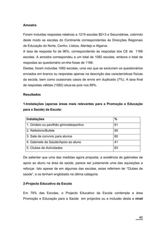 Amostra

Foram incluidas respostas relativas a 1219 escolas B2+3 e Secundárias, cobrindo
deste modo as escolas do Continente correspondentes às Direcções Regionais
de Educação do Norte, Centro, Lisboa, Alentejo e Algarve.
A taxa de resposta foi de 96%, correspondendo às respostas dos CE de 1166
escolas. A amostra correspondeu a um total de 1082 escolas, embora o total de
respostas ao questionário on-line fosse de 1166.
Destas, foram incluídas 1082 escolas, uma vez que se excluíram os questionários
enviados em branco ou respostas apenas na descrição das características físicas
da escola, bem como ocasionais casos de envio em duplicado (7%). A taxa final
de respostas válidas (1082) situa-se pois nos 89%.

Resultados

1-Instalações (apenas áreas mais relevantes para a Promoção e Educação
para a Saúde) da Escola:

  Instalações                                               %
  1. Ginásio ou pavilhão gimnodesportivo                    81
  2. Refeitório/Bufete                                      95
  3. Sala de convívio para alunos                           80
  4. Gabinete de Saúde/Apoio ao aluno                       41
  5. Clubes de Actividades                                  83

De salientar que uma das medidas agora proposta, a existência de gabinetes de
apoio ao aluno na área da saúde, parece ser justamente uma das aquisições a
reforçar. Isto apesar de em algumas das escolas, estas referirem ter “Clubes de
saúde”, e os tenham englobado na última categoria.

2-Projecto Educativo da Escola

Em 79% das Escolas, o Projecto Educativo da Escola contempla a área
Promoção e Educação para a Saúde em projectos ou a inclusão desta a nível




                                                                            46
 