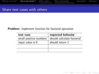 What is a unit test? How to get started ? GTest - basics Make code testable General tips References
Share test cases with others
Problem: implement function for factorial operation
test case expected behavior
small positive numbers should calculate factorial
input value is 0 should return 1
 