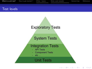 What is a unit test? How to get started ? GTest - basics Make code testable General tips References
Test levels
 