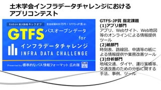 土木学会インフラデータチャレンジにおける
アプリコンテスト
GTFSバスオープンデータ
for
Presented by 標準的なバス情報フォーマット 広め隊
賞金総額400万円 + GTFS-JP賞(仮)8月6日@ 東大駒場 キッ ク オフ
GTFS-JP賞 指定課題
(1)アプリ部門
アプリ、Webサイト、Web地図
等のオンラインによる情報提供
ツール
(2)紙部門
時刻表、路線図、申請等の紙に
よる情報提供や業務改善ツール
(3)分析部門
地域交通、ダイヤ、運行実績等、
交通改善のための分析に関する
手法、事例、ツール
 