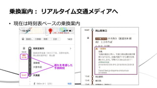 • 現在は時刻表ベースの乗換案内
乗換案内： リアルタイム交通メディアへ
 