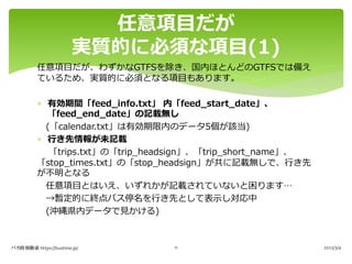任意項⽬だが、わずかなGTFSを除き、国内ほとんどのGTFSでは備え
ているため、実質的に必須となる項⽬もあります。
* 有効期間「feed_info.txt」 内「feed_start_date」、
「feed_end_date」の記載無し
(「calendar.txt」は有効期限内のデータ5個が該当)
* ⾏き先情報が未記載
「trips.txt」の「trip_headsign」、「trip_short_name」、
「stop_times.txt」の「stop_headsign」が共に記載無しで、⾏き先
が不明となる
任意項⽬とはいえ、いずれかが記載されていないと困ります…
→暫定的に終点バス停名を⾏き先として表⽰し対応中
(沖縄県内データで⾒かける)
任意項⽬だが
実質的に必須な項⽬(1)
バス時刻検索 https://bustime.jp/ 2023/3/4
11
 