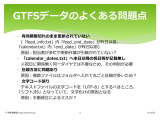 * 有効期限切れのまま更新されていない
(「feed_info.txt」内「feed_end_date」が昨⽇以前、
「calendar.txt」内「end_date」が昨⽇以前)
原因︓担当者が多忙や更新作業が引継がれていない︖
* 「calendar_dates.txt」へ本⽇以降の祝⽇等が記載無し
※祝⽇に関係無く同⼀ダイヤでは不要なため、その判別が必要
* 圧縮⽅法に問題あり
原因︓複数ファイルはフォルダへ⼊れて丸ごと圧縮が多いため︖
* ⽂字コード誤り
テキストファイルの⽂字コードを「UTF-8」とするべきところ、
「シフトJIS」となっていて、⽂字化けの原因となる
原因︓⼿動修正によるミスか︖
GTFSデータのよくある問題点
バス時刻検索 https://bustime.jp/ 2023/3/4
9
 