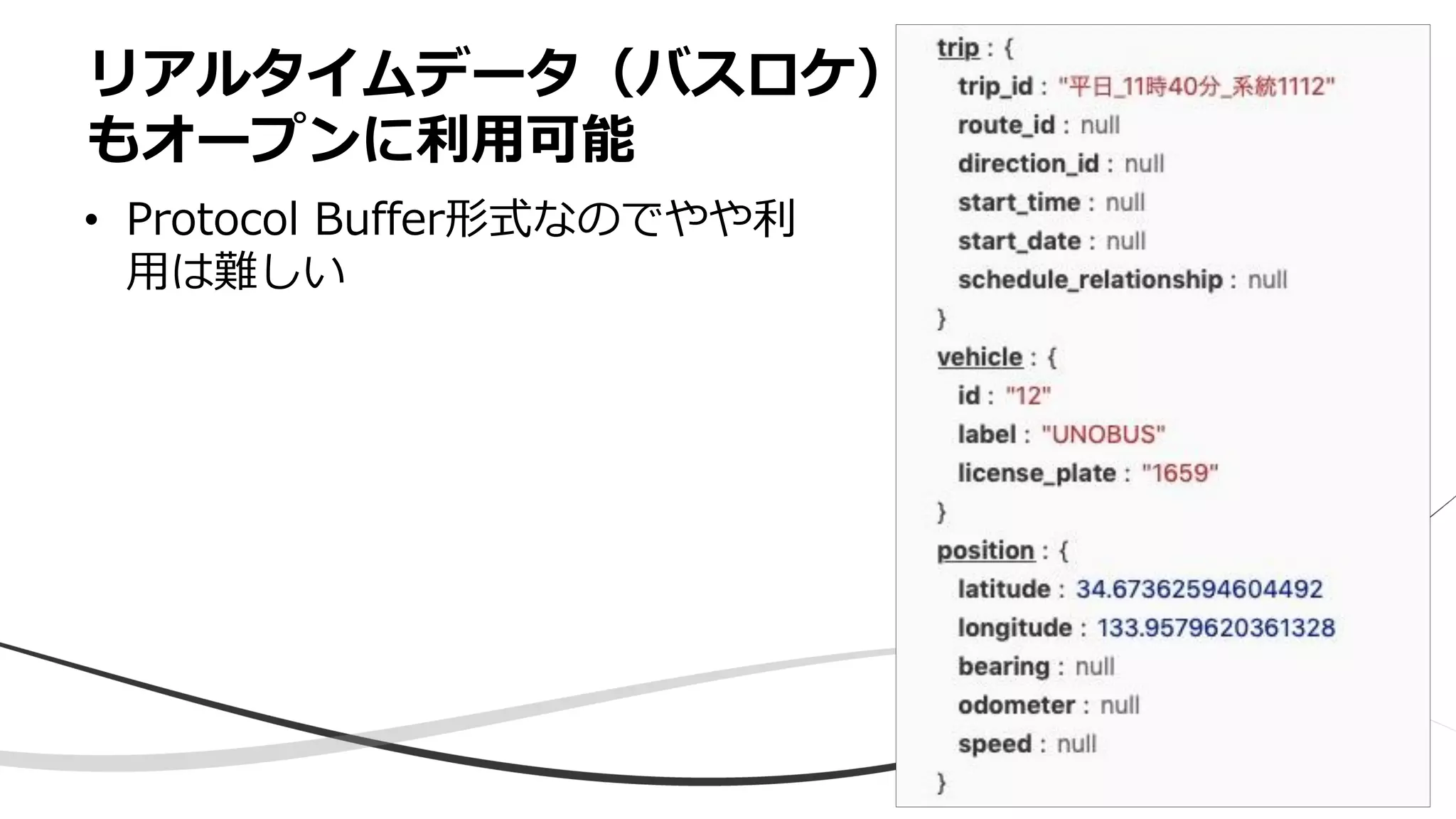 • Protocol Buffer形式なのでやや利
用は難しい
リアルタイムデータ（バスロケ）
もオープンに利用可能
 
