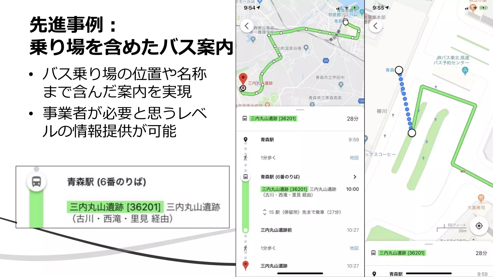 • バス乗り場の位置や名称
まで含んだ案内を実現
• 事業者が必要と思うレベ
ルの情報提供が可能
先進事例：
乗り場を含めたバス案内
 