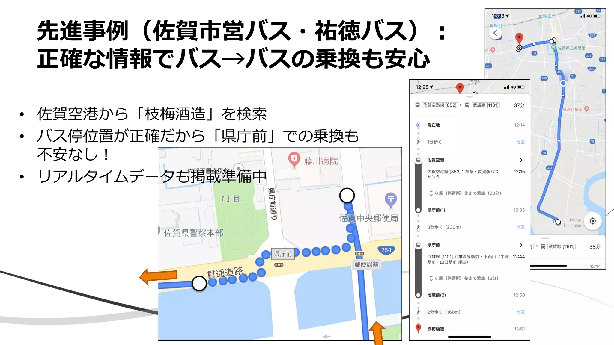 先進事例（佐賀市営バス・祐徳バス）：
正確な情報でバス→バスの乗換も安心
• 佐賀空港から「枝梅酒造」を検索
• バス停位置が正確だから「県庁前」での乗換も
不安なし！
• リアルタイムデータも掲載準備中
 