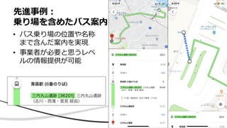 • バス乗り場の位置や名称
まで含んだ案内を実現
• 事業者が必要と思うレベ
ルの情報提供が可能
先進事例：
乗り場を含めたバス案内
 