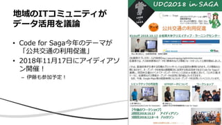 • Code for Saga今年のテーマが
「公共交通の利用促進」
• 2018年11月17日にアイディアソ
ン開催！
– 伊藤も参加予定！
地域のITコミュニティが
データ活用を議論
 