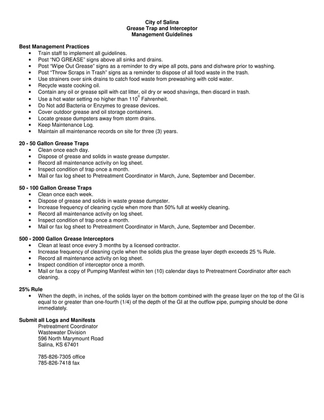 City Of Salina Flyer Grease Trap And Interceptor Management Guidelines