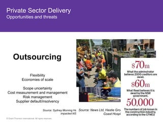 Private Sector Delivery
Opportunities and threats




       Outsourcing

                     Flexibility
                 Economies of scale

         Scope uncertainty
 Cost measurement and management
         Risk management
      Supplier default/insolvency

                                         Source: Sydney Morning Herald, Reed Construction Hastie Group collapse impacted Gold
                                                                    Source: News Ltd, Collapse
                                                      impacted NSW Transport, 2012      Coast Hospital, 2012
© Grant Thornton International. All rights reserved.
 