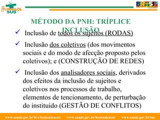 www.saude.gov.br/bvs/humanizacao  www.saude.gov.br/humanizasus  www.saude.gov.br/sas  MÉTODO DA PNH: TRÍPLICE INCLUSÃO Inclusão de  todos os sujeitos (RODAS) Inclusão  dos coletivos  (dos movimentos sociais e do modo de afecção proposto pelos coletivos); e (CONSTRUÇÃO DE REDES) Inclusão dos  analisadores sociais , derivados dos efeitos da inclusão de sujeitos e coletivos nos processos de trabalho, elementos de tencionamento, de perturbação do instituído (GESTÃO DE CONFLITOS) 