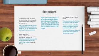 Referencias
Liquidano Rodríguez Ma. del Carmen
(2012) Gestión del Talento Humano. De
la fase administrativa a la de gestión
del conocimiento
https://www.researchgate.net/publicati
on/277005652_Gestion_del_Talento_
Humano_De_la_fase_administrativa_a
_la_de_gestion_del_conocimiento
Romero Manu (2017)
Gestión del Talento: Atraer, Retener y
evitar su Fuga. Disponible en:
https://www.felicidadeneltrabajo.es/ide
as-para-empresarios/gestion-del-
talento-atraer-retener/.Consultado
15/06/20
22
https://www.medellin.gov.co/irj/
go/km/docs/pccdesign/Subport
aldelCiudadano_2/PlandeDesarr
ollo_0_0_0/Shared%20Content
/pdf%20codigo%20buen%20comi
enzo/PLAN%20ESTRATeGICO%2
0TH.pdf
Estrategias para atraer el talento
humano
https://www.sodexo.es/blog/tecnicas-
efectivas-para-atraer-el-talento/
https://www.aguaeden.es/blog/las-
mejores-estrategias-de-recursos-
humanos-para-atraer-talento
https://www.felicidadeneltrabajo.es/ide
as-para-empresarios/gestion-del-
talento-atraer-retener/
 