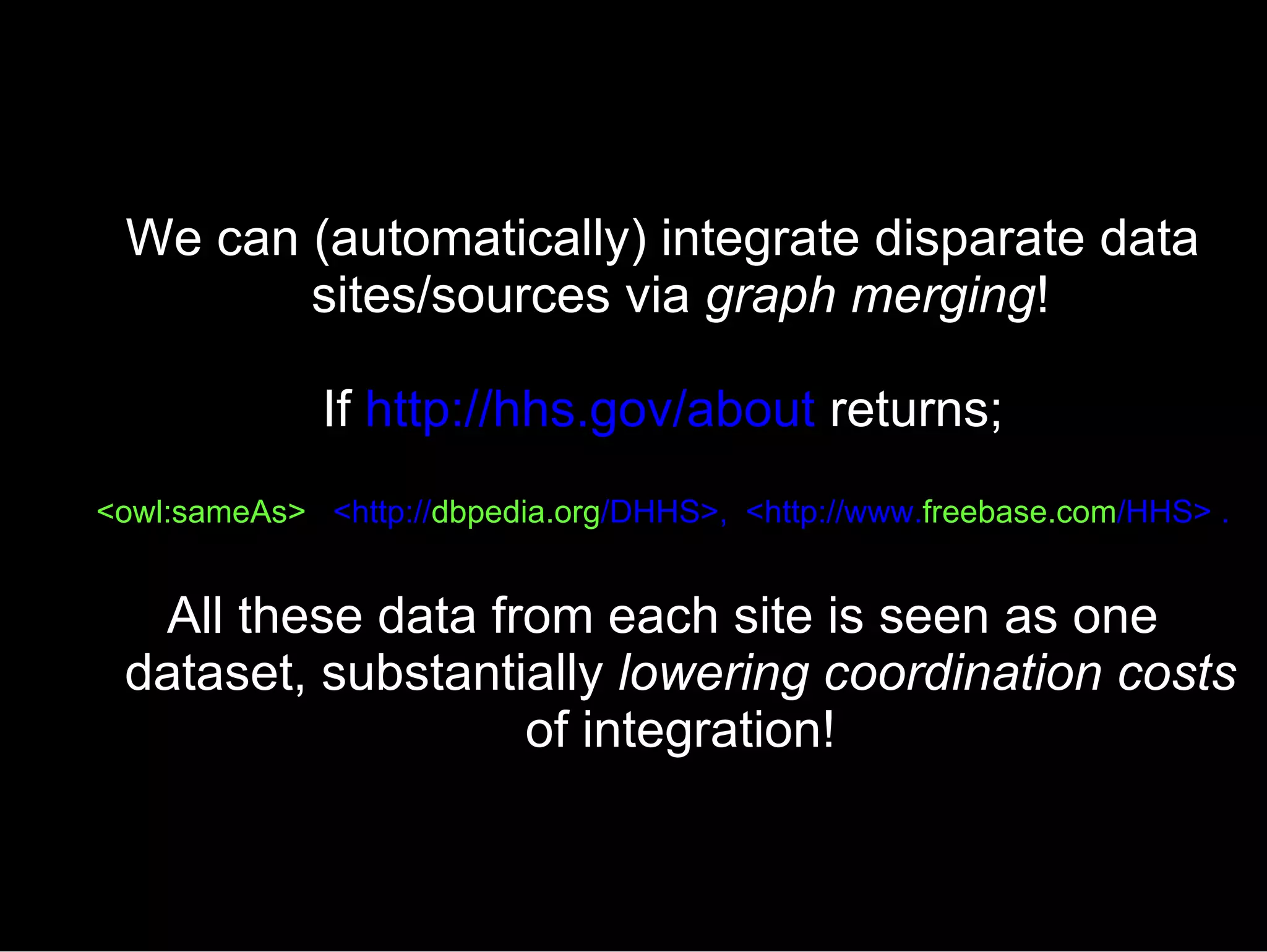 We can (automatically) integrate disparate data sites/sources via  graph merging ! If  http://hhs.gov/about  returns; <owl:sameAs>  <http:// dbpedia.org /DHHS>,  <http://www. freebase.com /HHS> . All these data from each site is seen as one dataset, substantially  lowering coordination costs  of integration! 