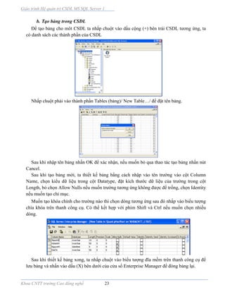 Giáo trình Hệ quản trị CSDL MS SQL Server 1
Khoa CNTT trường Cao đẳng nghề 23
b. Tạo bảng trong CSDL
Để tạo bảng cho môt CSDL ta nhắp chuột vào dấu cộng (+) bên trái CSDL tương ứng, ta
có danh sách các thành phần của CSDL
Nhắp chuột phải vào thành phần Tables (bảng)/ New Table…/ để đặt tên bảng.
Sau khi nhập tên bảng nhấn OK để xác nhận, nếu muốn bỏ qua thao tác tạo bảng nhấn nút
Cancel.
Sau khi tạo bảng mới, ta thiết kế bảng bằng cách nhập vào tên trường vào cột Column
Name, chọn kiểu dữ liệu trong cột Datatype, đặt kích thước dữ liệu của trường trong cột
Length, bỏ chọn Allow Nulls nếu muốn trường tương ứng không được để trống, chọn Identity
nếu muốn tạo chỉ mục.
Muốn tạo khóa chính cho trường nào thì chọn dòng tương ứng sau đó nhắp vào biểu tượng
chìa khóa trên thanh công cụ. Có thể kết hợp với phím Shift và Ctrl nếu muốn chọn nhiều
dòng.
Sau khi thiết kế bảng xong, ta nhắp chuột vào biểu tượng đĩa mềm trên thanh công cụ để
lưu bảng và nhấn vào dấu (X) bên dưới của cửa sổ Enterprise Manager để đóng bảng lại.
 