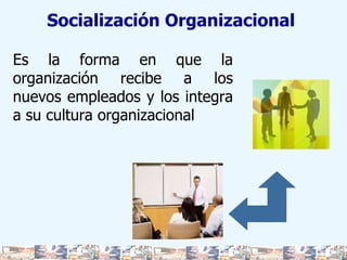 Es la forma en que la organización recibe a los nuevos empleados y los integra a su cultura organizacional Socialización Organizacional  