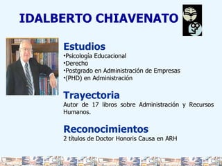 IDALBERTO CHIAVENATO Estudios Psicología Educacional  Derecho  Postgrado en Administración de Empresas (PHD) en Administración Trayectoria Autor de 17 libros sobre Administración y Recursos Humanos. Reconocimientos 2 títulos de Doctor Honoris Causa en ARH 