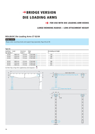 Please order mounting hooks and support legs separately. Page 38 and 40
į
1
ROLLBLOC Die Loading Arms CT 02/04
Bridge version
A130 E
L
120
40
49
120
40 Ø 30
49
Upper edge of table
Support legs, Page 40
Die loading arm mounting hooks, Page 38
30
36
Preis
DM
Load bear-
ing capacity
20 kN
20 kN
20 kN
40 kN
40 kN
40 kN
Length
L
1000 mm
1250 mm
1600 mm
1000 mm
1250 mm
1600 mm
Attachment
height A
110 mm
110 mm
110 mm
110 mm
110 mm
110 mm
Order
code
CT02/1000 F
CT02/1250 F
CT02/1600 F
CT04/1000 F
CT04/1250 F
CT04/1600 F
Type list
Die loading arm height
E
150
180
205
180
205
225
CBRIDGE VERSION
DIE LOADING ARMS
See fold-in flap on Page 28 for supplementary order designation
FOR USE WITH DIE LOADING ARM HOOKS
LARGE WORKING RADIUS – LOW ATTACHMENT HEIGHT
C
 